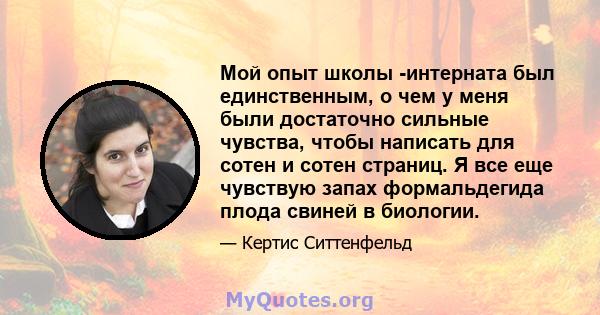 Мой опыт школы -интерната был единственным, о чем у меня были достаточно сильные чувства, чтобы написать для сотен и сотен страниц. Я все еще чувствую запах формальдегида плода свиней в биологии.