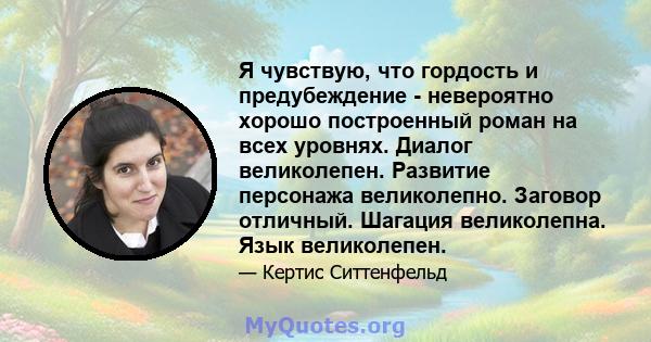 Я чувствую, что гордость и предубеждение - невероятно хорошо построенный роман на всех уровнях. Диалог великолепен. Развитие персонажа великолепно. Заговор отличный. Шагация великолепна. Язык великолепен.