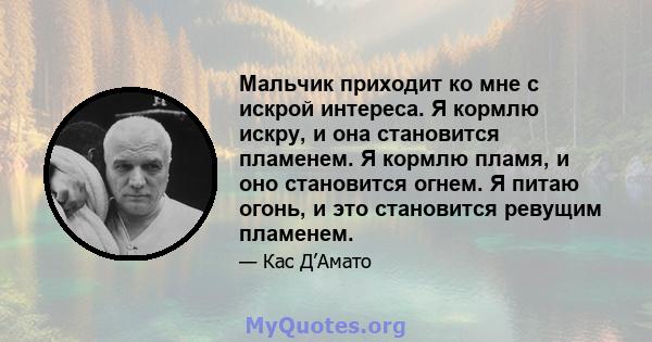 Мальчик приходит ко мне с искрой интереса. Я кормлю искру, и она становится пламенем. Я кормлю пламя, и оно становится огнем. Я питаю огонь, и это становится ревущим пламенем.