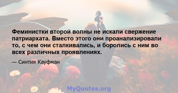 Феминистки второй волны не искали свержение патриархата. Вместо этого они проанализировали то, с чем они сталкивались, и боролись с ним во всех различных проявлениях.