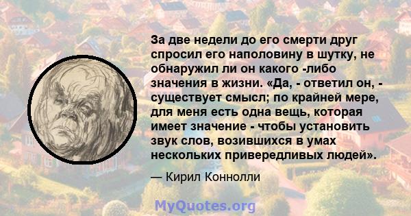 За две недели до его смерти друг спросил его наполовину в шутку, не обнаружил ли он какого -либо значения в жизни. «Да, - ответил он, - существует смысл; по крайней мере, для меня есть одна вещь, которая имеет значение