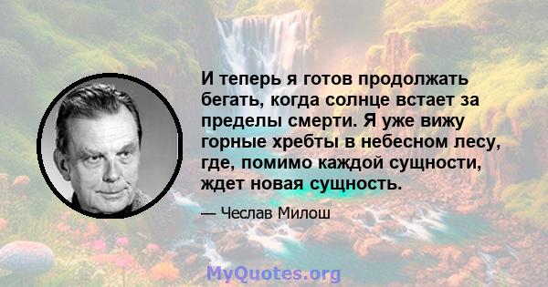 И теперь я готов продолжать бегать, когда солнце встает за пределы смерти. Я уже вижу горные хребты в небесном лесу, где, помимо каждой сущности, ждет новая сущность.