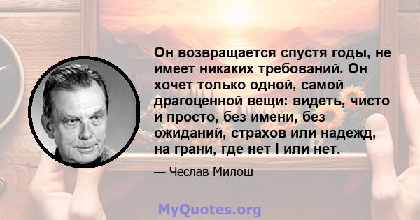 Он возвращается спустя годы, не имеет никаких требований. Он хочет только одной, самой драгоценной вещи: видеть, чисто и просто, без имени, без ожиданий, страхов или надежд, на грани, где нет I или нет.