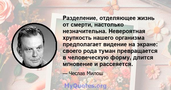 Разделение, отделяющее жизнь от смерти, настолько незначительна. Невероятная хрупкость нашего организма предполагает видение на экране: своего рода туман превращается в человеческую форму, длится мгновение и рассеяется.