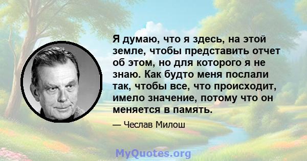 Я думаю, что я здесь, на этой земле, чтобы представить отчет об этом, но для которого я не знаю. Как будто меня послали так, чтобы все, что происходит, имело значение, потому что он меняется в память.