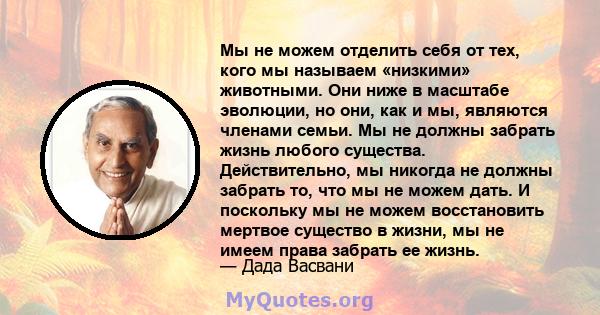 Мы не можем отделить себя от тех, кого мы называем «низкими» животными. Они ниже в масштабе эволюции, но они, как и мы, являются членами семьи. Мы не должны забрать жизнь любого существа. Действительно, мы никогда не