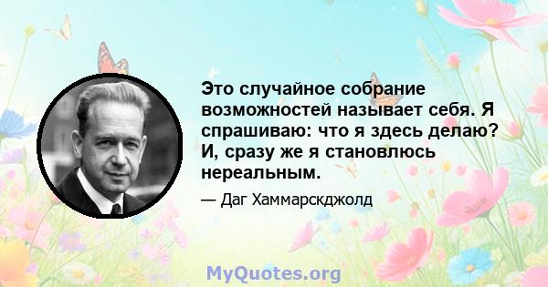 Это случайное собрание возможностей называет себя. Я спрашиваю: что я здесь делаю? И, сразу же я становлюсь нереальным.