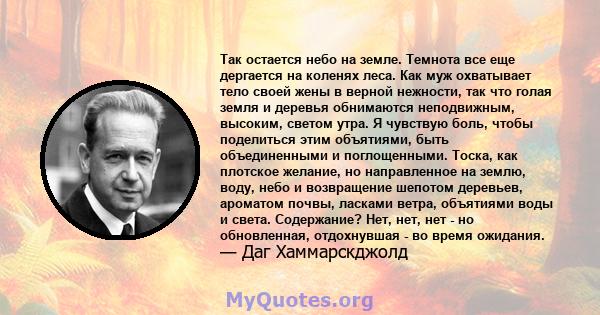 Так остается небо на земле. Темнота все еще дергается на коленях леса. Как муж охватывает тело своей жены в верной нежности, так что голая земля и деревья обнимаются неподвижным, высоким, светом утра. Я чувствую боль,