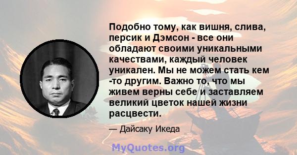 Подобно тому, как вишня, слива, персик и Дэмсон - все они обладают своими уникальными качествами, каждый человек уникален. Мы не можем стать кем -то другим. Важно то, что мы живем верны себе и заставляем великий цветок