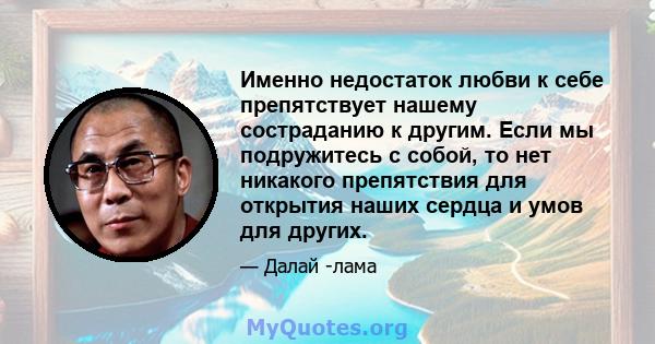 Именно недостаток любви к себе препятствует нашему состраданию к другим. Если мы подружитесь с собой, то нет никакого препятствия для открытия наших сердца и умов для других.