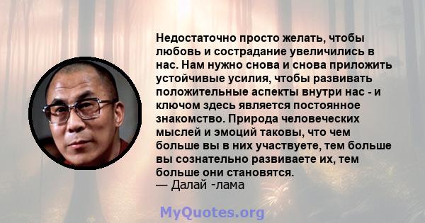 Недостаточно просто желать, чтобы любовь и сострадание увеличились в нас. Нам нужно снова и снова приложить устойчивые усилия, чтобы развивать положительные аспекты внутри нас - и ключом здесь является постоянное