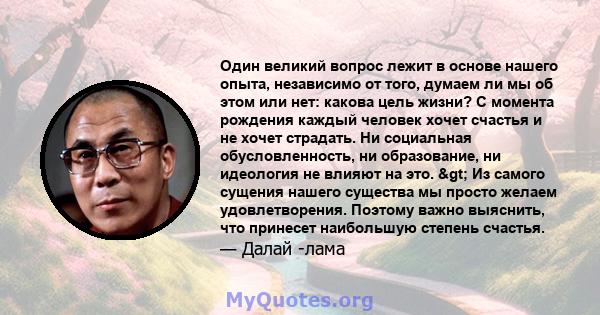 Один великий вопрос лежит в основе нашего опыта, независимо от того, думаем ли мы об этом или нет: какова цель жизни? С момента рождения каждый человек хочет счастья и не хочет страдать. Ни социальная обусловленность,