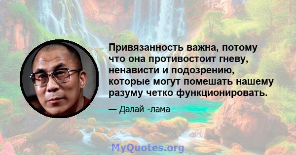 Привязанность важна, потому что она противостоит гневу, ненависти и подозрению, которые могут помешать нашему разуму четко функционировать.