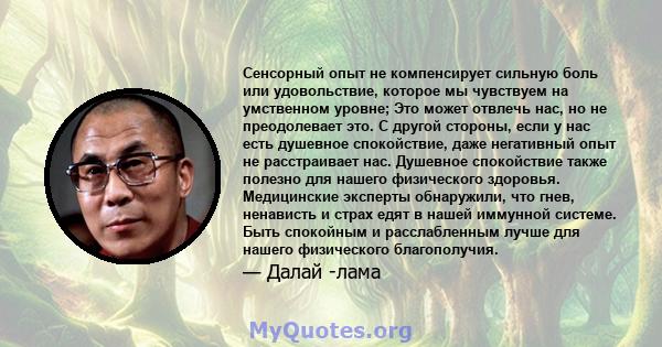 Сенсорный опыт не компенсирует сильную боль или удовольствие, которое мы чувствуем на умственном уровне; Это может отвлечь нас, но не преодолевает это. С другой стороны, если у нас есть душевное спокойствие, даже