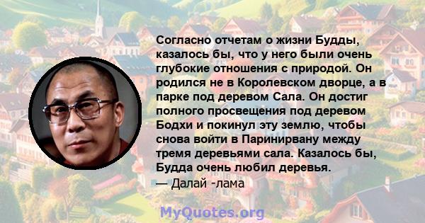 Согласно отчетам о жизни Будды, казалось бы, что у него были очень глубокие отношения с природой. Он родился не в Королевском дворце, а в парке под деревом Сала. Он достиг полного просвещения под деревом Бодхи и покинул 