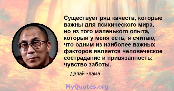 Существует ряд качеств, которые важны для психического мира, но из того маленького опыта, который у меня есть, я считаю, что одним из наиболее важных факторов является человеческое сострадание и привязанность: чувство