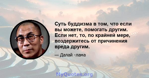 Суть буддизма в том, что если вы можете, помогать другим. Если нет, то, по крайней мере, воздержитесь от причинения вреда другим.