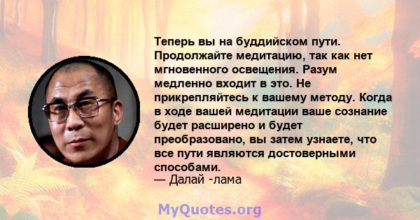 Теперь вы на буддийском пути. Продолжайте медитацию, так как нет мгновенного освещения. Разум медленно входит в это. Не прикрепляйтесь к вашему методу. Когда в ходе вашей медитации ваше сознание будет расширено и будет