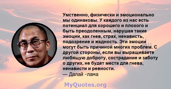 Умственно, физически и эмоционально мы одинаковы. У каждого из нас есть потенциал для хорошего и плохого и быть преодоленным, нарушая такие эмоции, как гнев, страх, ненависть, подозрение и жадность. Эти эмоции могут