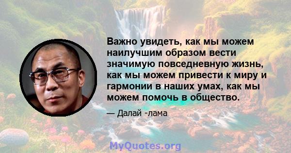 Важно увидеть, как мы можем наилучшим образом вести значимую повседневную жизнь, как мы можем привести к миру и гармонии в наших умах, как мы можем помочь в общество.