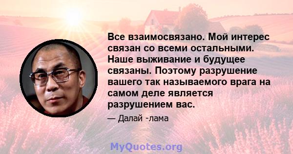 Все взаимосвязано. Мой интерес связан со всеми остальными. Наше выживание и будущее связаны. Поэтому разрушение вашего так называемого врага на самом деле является разрушением вас.