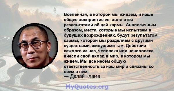 Вселенная, в которой мы живаем, и наше общее восприятие ее, являются результатами общей кармы. Аналогичным образом, места, которые мы испытаем в будущих возрождениях, будут результатом кармы, которой мы разделяем с