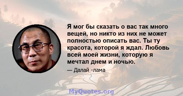 Я мог бы сказать о вас так много вещей, но никто из них не может полностью описать вас. Ты ту красота, которой я ждал. Любовь всей моей жизни, которую я мечтал днем ​​и ночью.