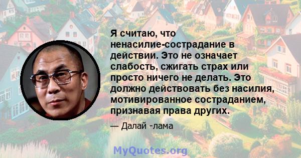 Я считаю, что ненасилие-сострадание в действии. Это не означает слабость, сжигать страх или просто ничего не делать. Это должно действовать без насилия, мотивированное состраданием, признавая права других.