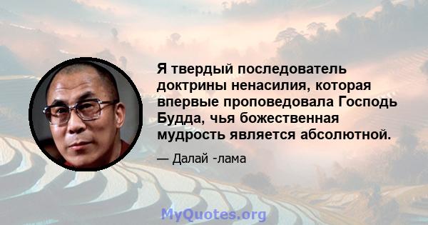 Я твердый последователь доктрины ненасилия, которая впервые проповедовала Господь Будда, чья божественная мудрость является абсолютной.