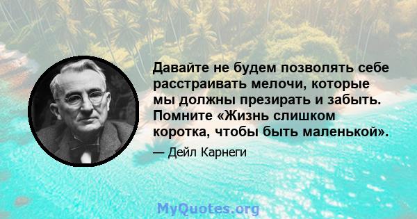 Давайте не будем позволять себе расстраивать мелочи, которые мы должны презирать и забыть. Помните «Жизнь слишком коротка, чтобы быть маленькой».