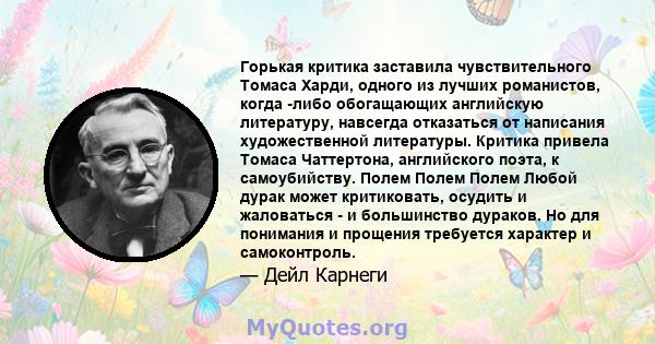 Горькая критика заставила чувствительного Томаса Харди, одного из лучших романистов, когда -либо обогащающих английскую литературу, навсегда отказаться от написания художественной литературы. Критика привела Томаса