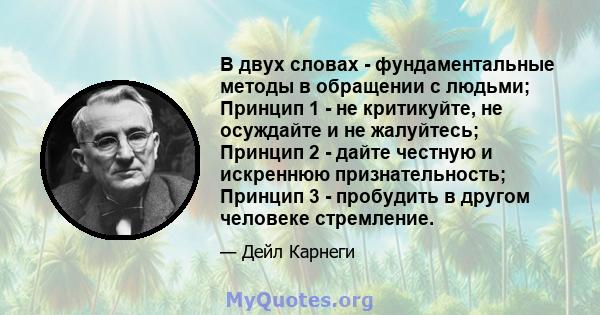 В двух словах - фундаментальные методы в обращении с людьми; Принцип 1 - не критикуйте, не осуждайте и не жалуйтесь; Принцип 2 - дайте честную и искреннюю признательность; Принцип 3 - пробудить в другом человеке