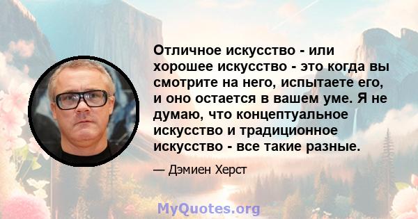 Отличное искусство - или хорошее искусство - это когда вы смотрите на него, испытаете его, и оно остается в вашем уме. Я не думаю, что концептуальное искусство и традиционное искусство - все такие разные.