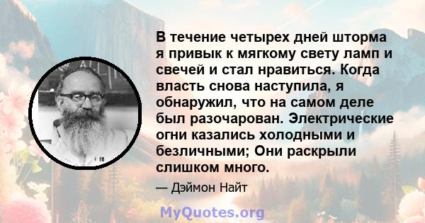 В течение четырех дней шторма я привык к мягкому свету ламп и свечей и стал нравиться. Когда власть снова наступила, я обнаружил, что на самом деле был разочарован. Электрические огни казались холодными и безличными;