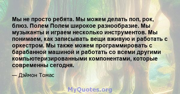 Мы не просто ребята. Мы можем делать поп, рок, блюз. Полем Полем широкое разнообразие. Мы музыканты и играем несколько инструментов. Мы понимаем, как записывать вещи вживую и работать с оркестром. Мы также можем