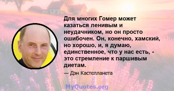 Для многих Гомер может казаться ленивым и неудачником, но он просто ошибочен. Он, конечно, хамский, но хорошо, и, я думаю, единственное, что у нас есть, - это стремление к паршивым диетам.