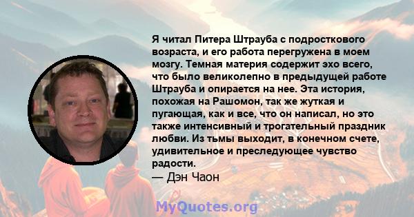 Я читал Питера Штрауба с подросткового возраста, и его работа перегружена в моем мозгу. Темная материя содержит эхо всего, что было великолепно в предыдущей работе Штрауба и опирается на нее. Эта история, похожая на