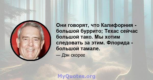 Они говорят, что Калифорния - большой буррито; Техас сейчас большой тако. Мы хотим следовать за этим. Флорида - большой тамале.