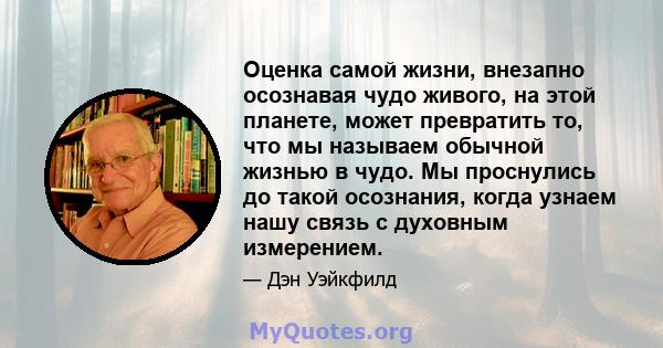 Оценка самой жизни, внезапно осознавая чудо живого, на этой планете, может превратить то, что мы называем обычной жизнью в чудо. Мы проснулись до такой осознания, когда узнаем нашу связь с духовным измерением.