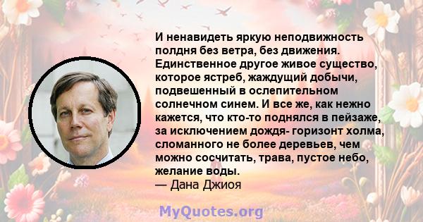 И ненавидеть яркую неподвижность полдня без ветра, без движения. Единственное другое живое существо, которое ястреб, жаждущий добычи, подвешенный в ослепительном солнечном синем. И все же, как нежно кажется, что кто-то