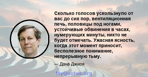 Сколько голосов ускользнуло от вас до сих пор, вентиляционная печь, половицы под ногами, устойчивые обвинения в часах, нумерующих минуты, никто не будет отмечать. Ужасная ясность, когда этот момент приносит, бесполезное 