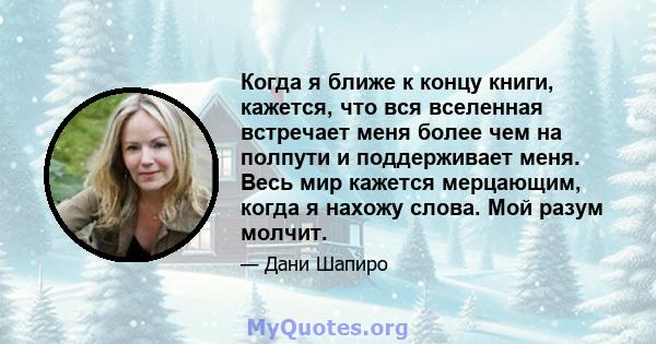 Когда я ближе к концу книги, кажется, что вся вселенная встречает меня более чем на полпути и поддерживает меня. Весь мир кажется мерцающим, когда я нахожу слова. Мой разум молчит.