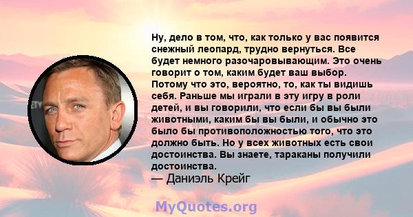 Ну, дело в том, что, как только у вас появится снежный леопард, трудно вернуться. Все будет немного разочаровывающим. Это очень говорит о том, каким будет ваш выбор. Потому что это, вероятно, то, как ты видишь себя.