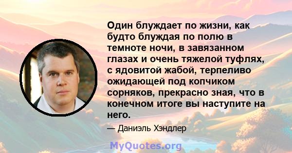 Один блуждает по жизни, как будто блуждая по полю в темноте ночи, в завязанном глазах и очень тяжелой туфлях, с ядовитой жабой, терпеливо ожидающей под копчиком сорняков, прекрасно зная, что в конечном итоге вы