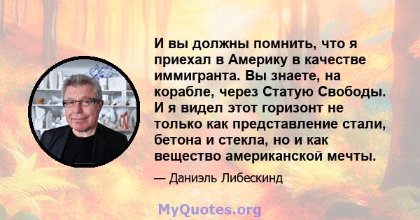 И вы должны помнить, что я приехал в Америку в качестве иммигранта. Вы знаете, на корабле, через Статую Свободы. И я видел этот горизонт не только как представление стали, бетона и стекла, но и как вещество американской 