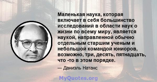 Маленькая наука, которая включает в себя большинство исследований в области наук о жизни по всему миру, является наукой, направленной обычно отдельным старшим ученым и небольшой командой юниоров, возможно, три, десять,