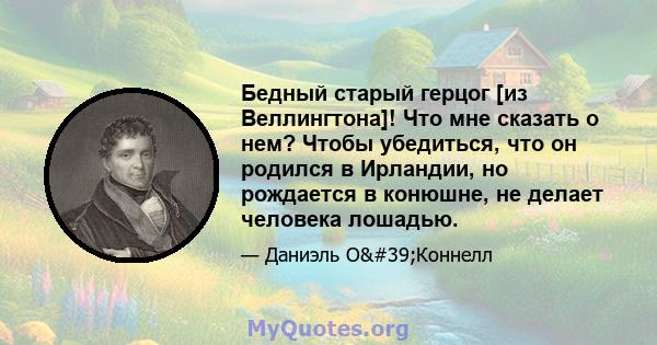 Бедный старый герцог [из Веллингтона]! Что мне сказать о нем? Чтобы убедиться, что он родился в Ирландии, но рождается в конюшне, не делает человека лошадью.