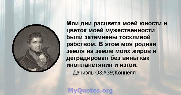 Мои дни расцвета моей юности и цветок моей мужественности были затемнены тоскливой рабством. В этом моя родная земля на земле моих жиров я деградировал без вины как инопланетянин и изгои.