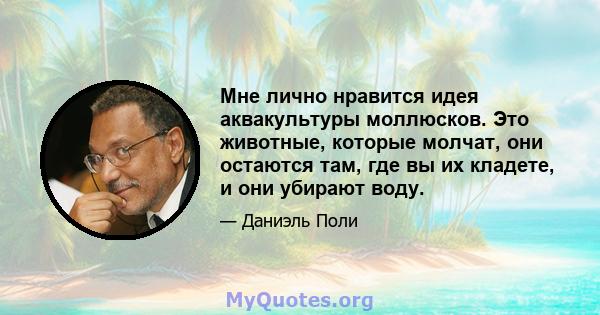 Мне лично нравится идея аквакультуры моллюсков. Это животные, которые молчат, они остаются там, где вы их кладете, и они убирают воду.