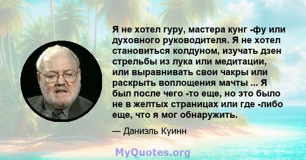 Я не хотел гуру, мастера кунг -фу или духовного руководителя. Я не хотел становиться колдуном, изучать дзен стрельбы из лука или медитации, или выравнивать свои чакры или раскрыть воплощения мачты ... Я был после чего